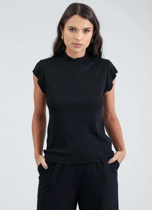Pop Me - Blusa Manga Curta com Gola Alta em Malha Canelada Preto