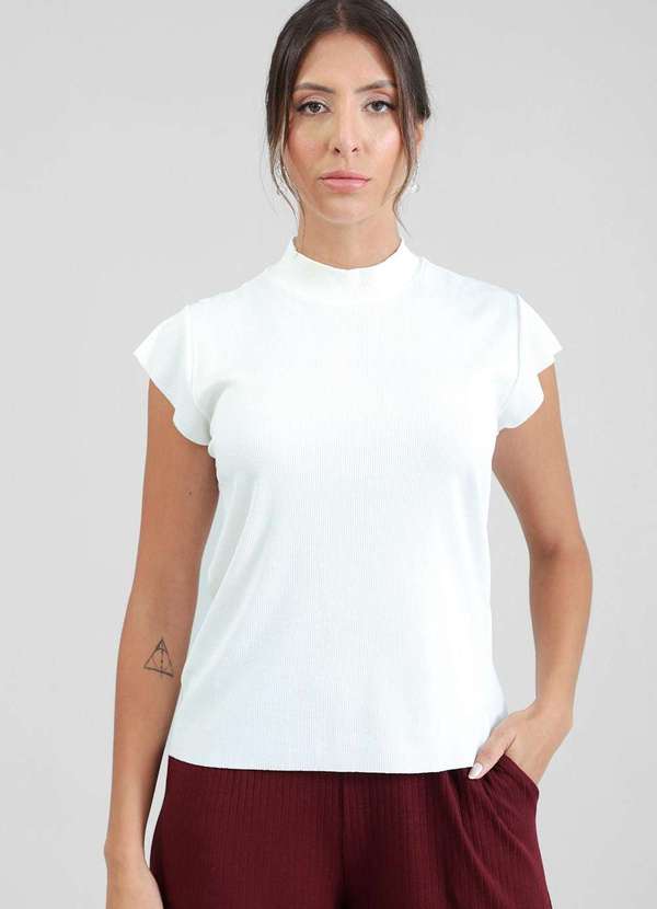 Pop Me - Blusa Manga Curta com Gola Alta em Malha Canelada Branco