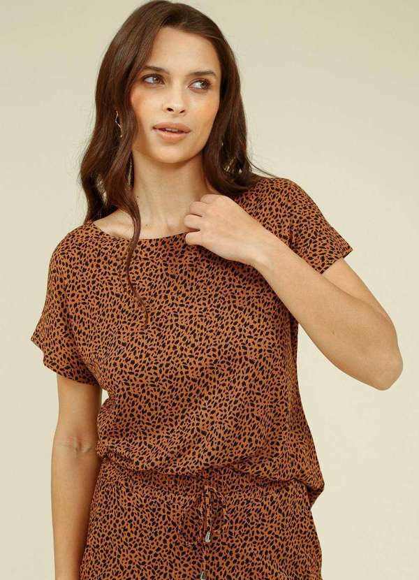 Pop Me - Blusa Manga Curta Malha Ribana Estampa Mini Onca Bege