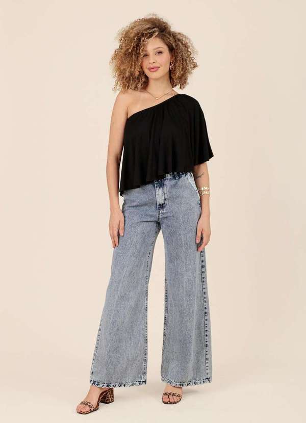 Pop Me - Blusa Ombro So com Babados em Malha Crepe Preto 4