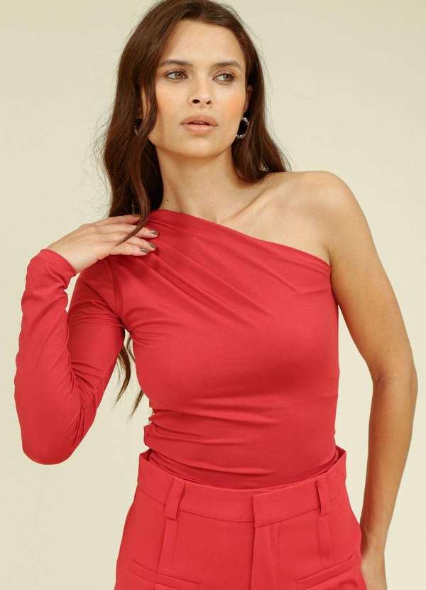 Pop Me - Blusa Ombro So Manga Longa com Franzido Ombro Vermelho