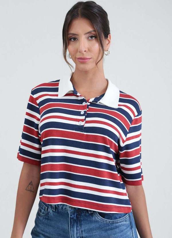 Pop Me - Blusa Polo em Molecotton Listrada Manga Curta Branco