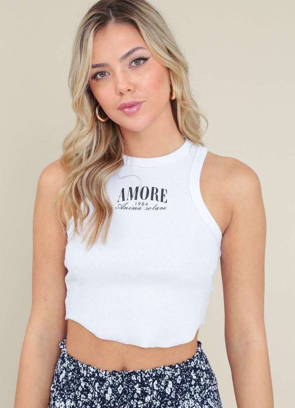 Pop Me - Blusa Regata em Ribana com Estampa Branco