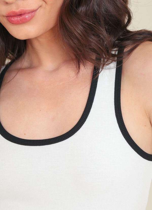 Pop Me - Blusa Regata em Ribana com Vies Bicolor e Decote U Branco 3