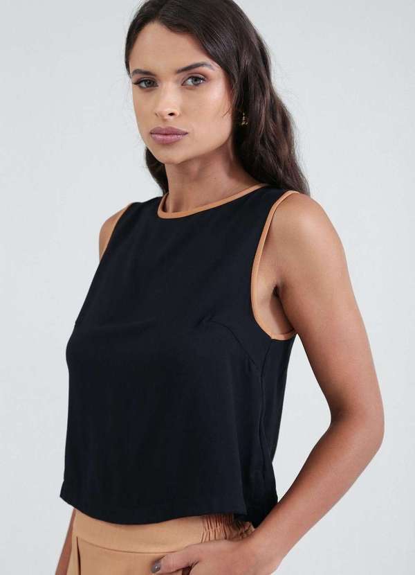 Pop Me - Blusa Regata em Viscose com Vies Bicolor Preto