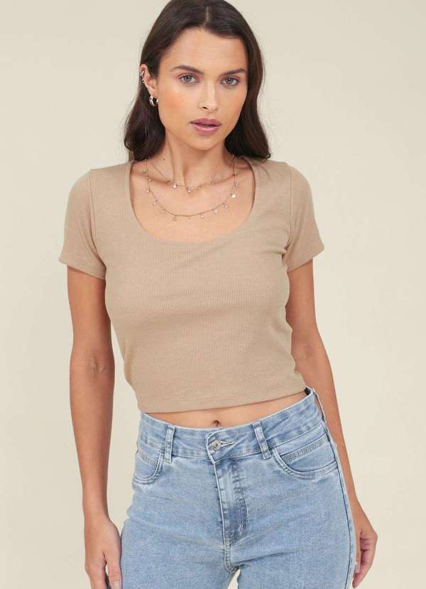 Pop Me - Blusa Ribana Canelada Manga Curta Decote U Bege