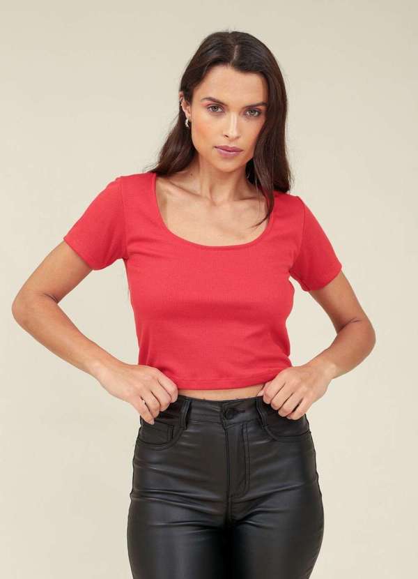 Pop Me - Blusa Ribana Canelada Manga Curta Decote U Vermelho