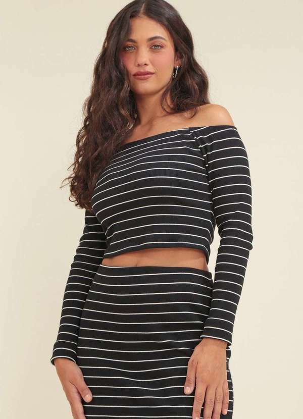 Pop Me - Blusa Ribana Listrada Manga Longa com Decote Ombro a Ombro Preto
