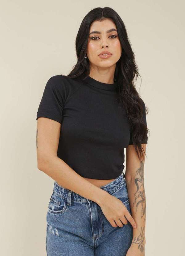 Pop Me - Blusa Ribana Manga Curta Raglan Preto
