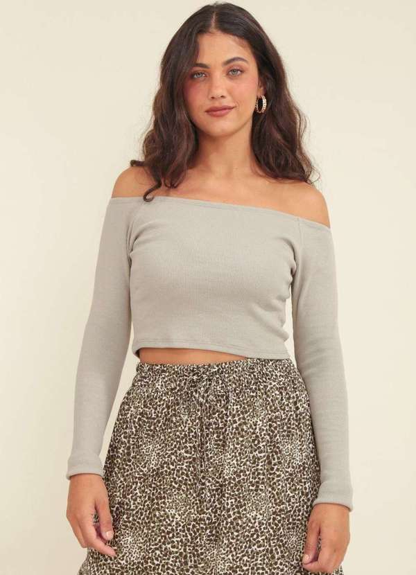 Pop Me - Blusa Ribana Manga Longa Decote Ombro a Ombro Cinza 2