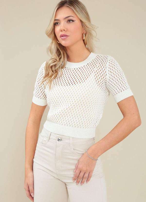 Pop Me - Blusa Trico Manga Curta Vazado Branco