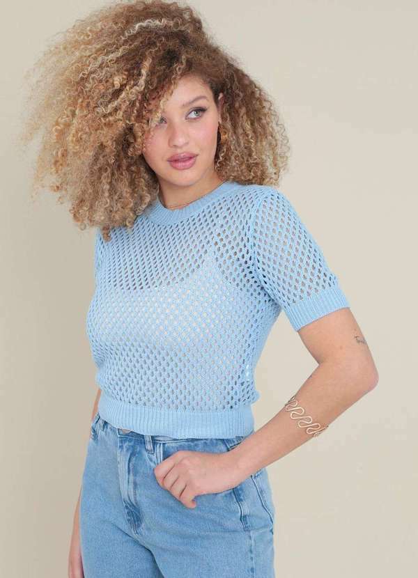 Pop Me - Blusa Trico Manga Curta Vazado Azul