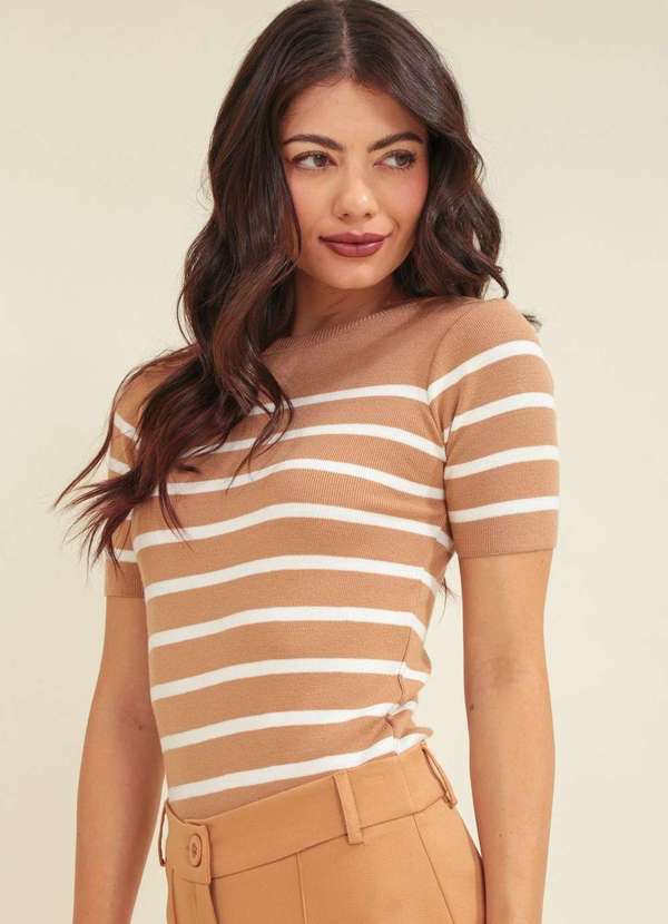 Pop Me - Blusa Tricot Manga Curta Listrado Bege