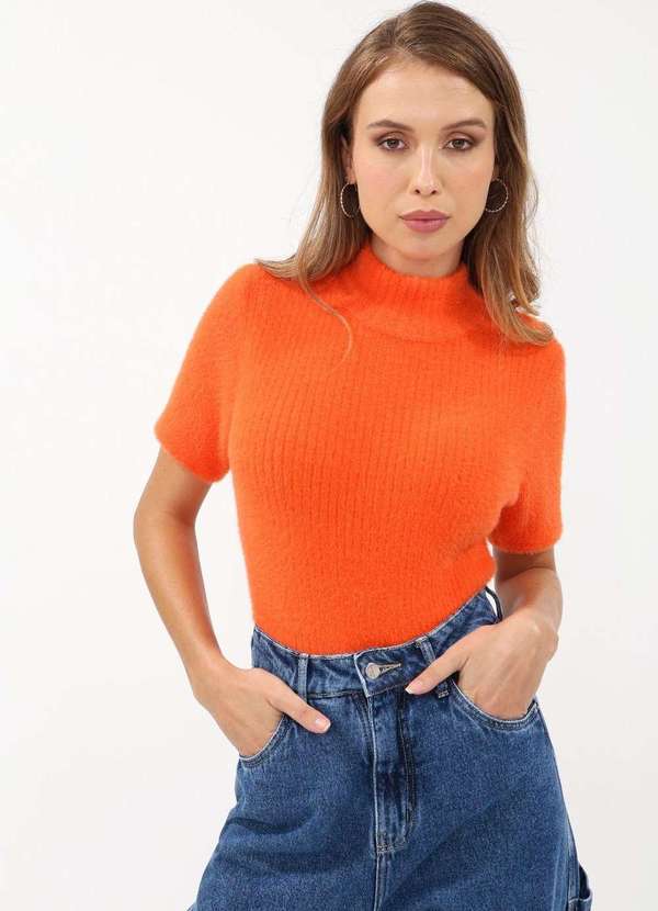 Pop Me - Blusa Tricot Pelinho Gola Alta Laranja
