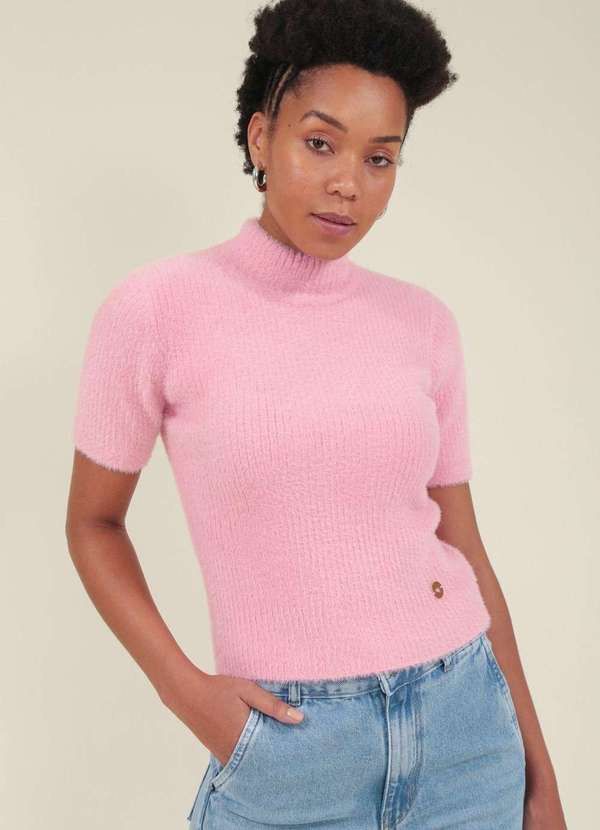 Pop Me - Blusa Tricot Pelinho Gola Alta Rosa