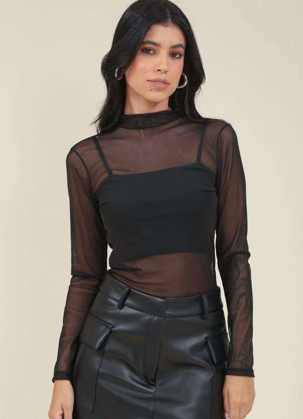 Pop Me - Blusa Tule Manga Longa Gola Alta Preto