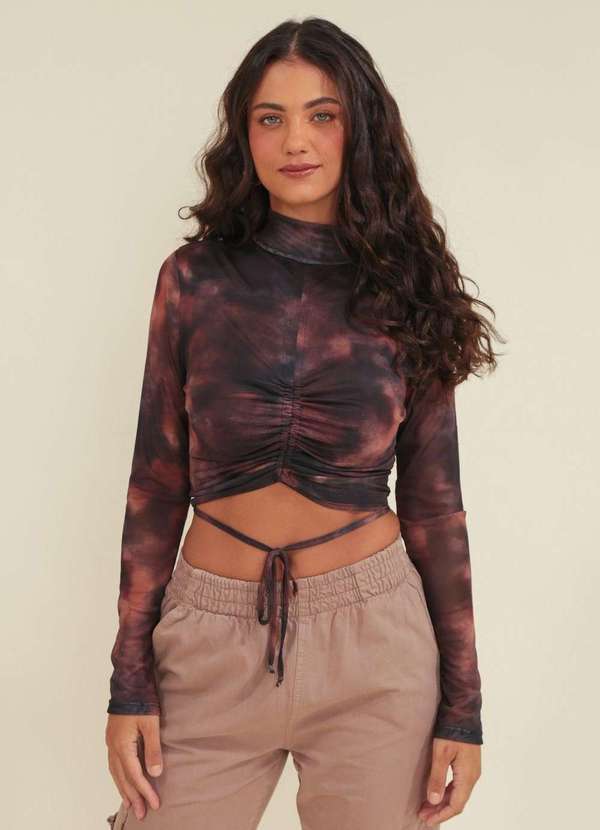 Pop Me - Blusa Tule Manga Longa Gola Alta Puxador Estampa Cacau Marrom
