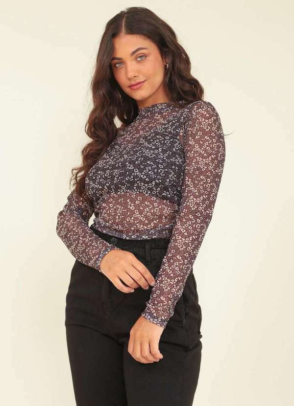 Pop Me - Blusa Tule Manga Longa Mini Animal Print com Gola Alta Preto