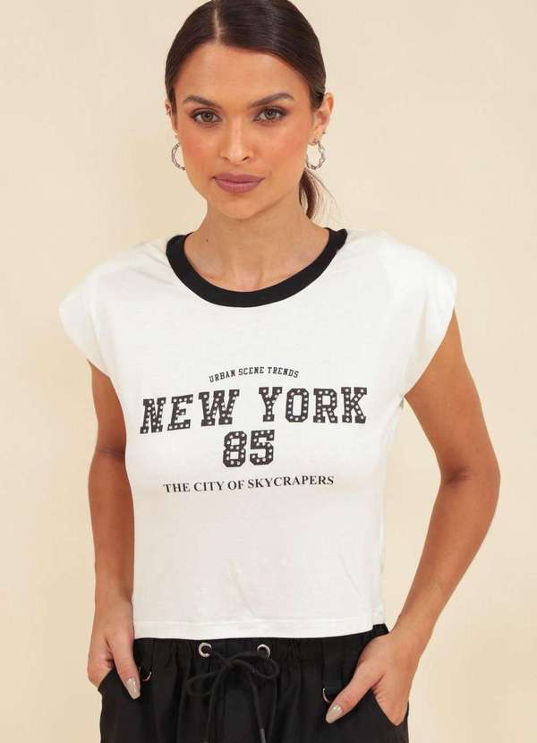 Pop Me - Blusa Viscolycra Muscle Tee com Ombreira New York Branco