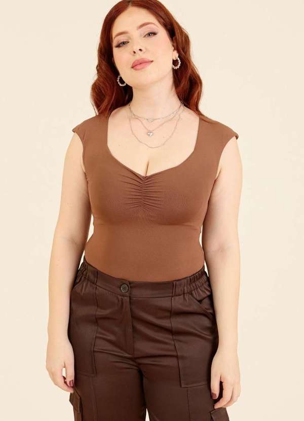 Pop Me - Body em Malha sem Manga com Franzido no Busto Marrom