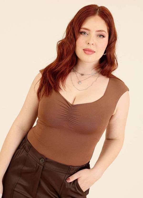 Pop Me - Body em Malha sem Manga com Franzido no Busto Marrom 3