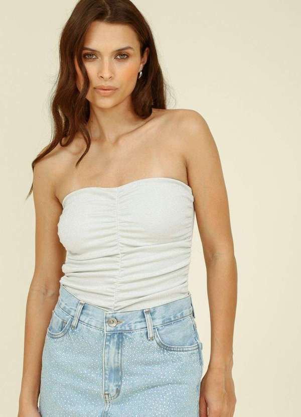 Pop Me - Body Malha Lurex com Decote Reto e Franzido Prata