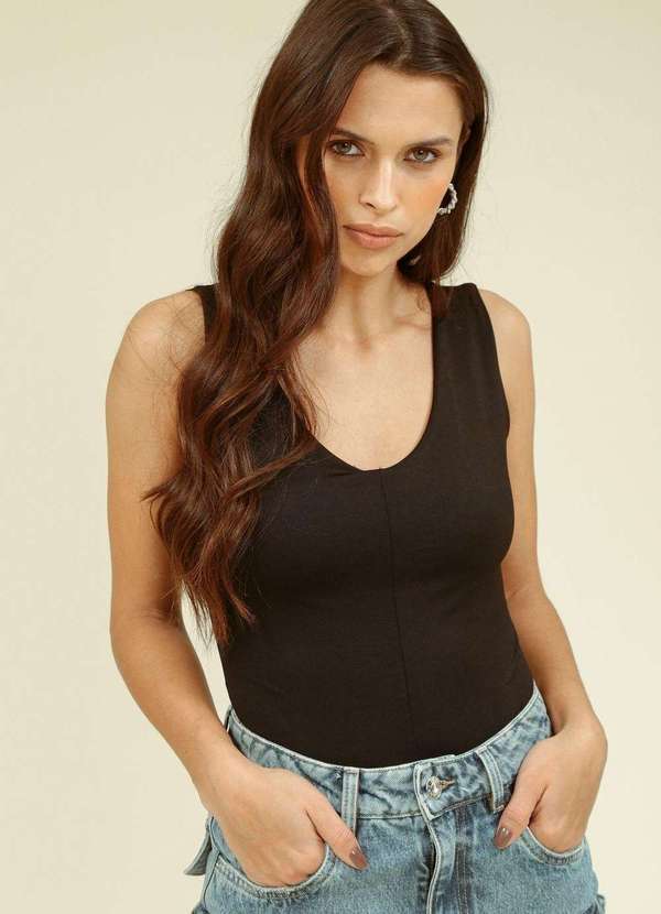 Pop Me - Body Malha sem Manga Decote V Basico Preto