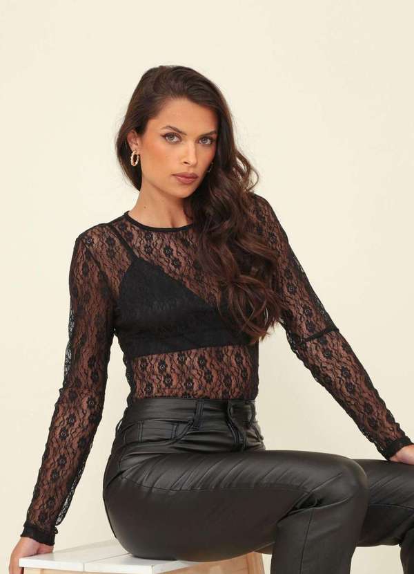 Pop Me - Body Manga Longa Renda Preto 3