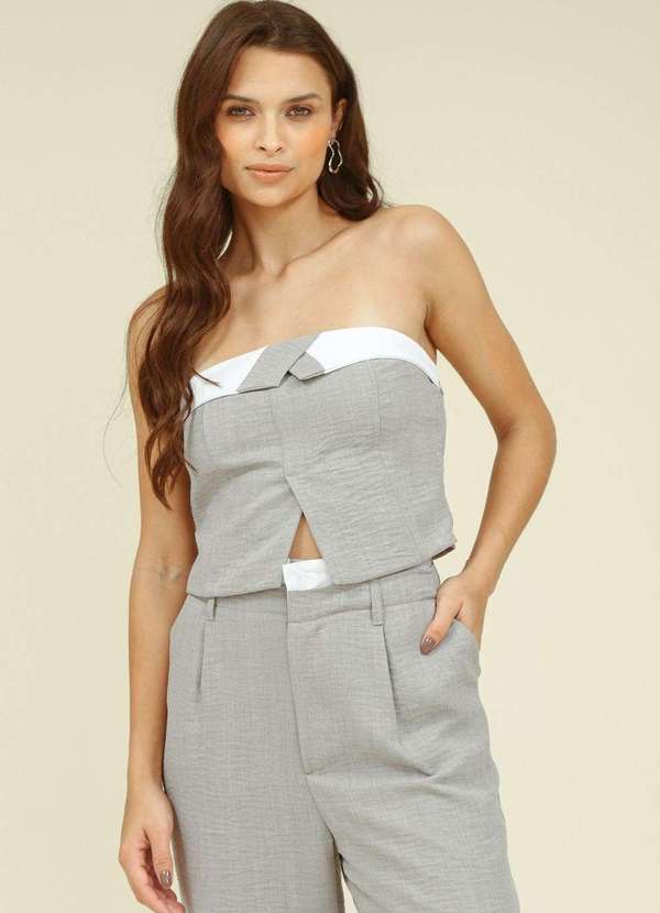 Pop Me - Cropped Alfaiataria Decote Reto com Cos Virado Cinza