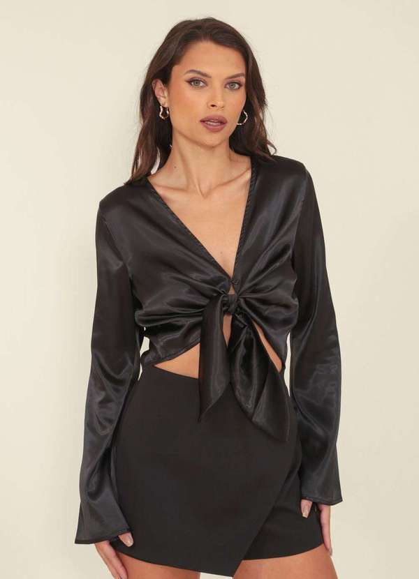 Pop Me - Cropped Cetim Manga Longa no Frente Preto