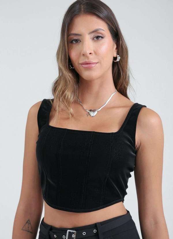 Pop Me - Cropped Corset em Pu Aveludado Estampa Cobra Preto
