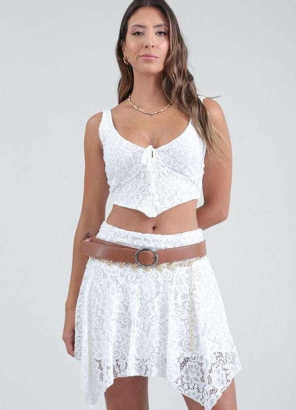 Pop Me - Cropped em Malha Rendada sem Mangas Abertura Decote Branco 3