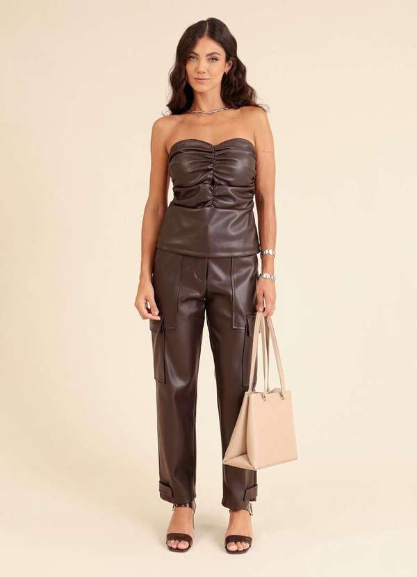 Pop Me - Cropped em Pu com Busto Franzido Marrom 4