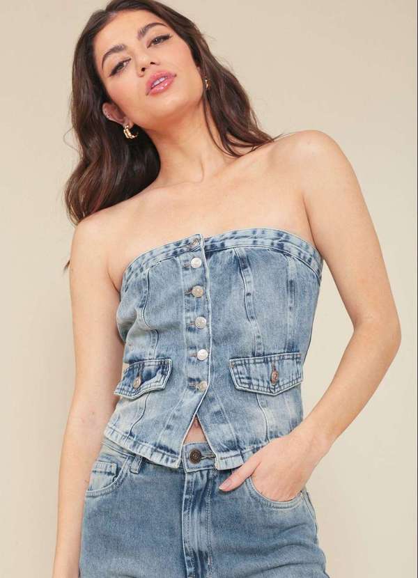 Pop Me - Cropped Jeans Decote Reto com Botoes e Lapela Azul