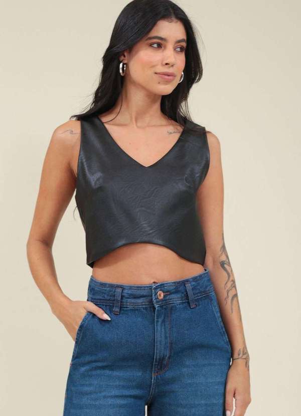 Pop Me - Cropped Pu Decote V e Ziper Costas Preto
