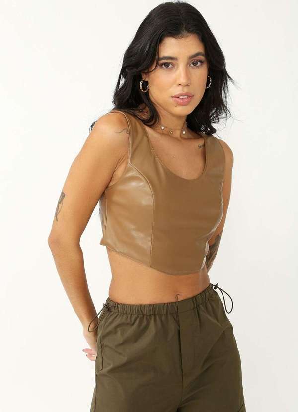 Pop Me - Cropped Pu  Lastex Costa Bege