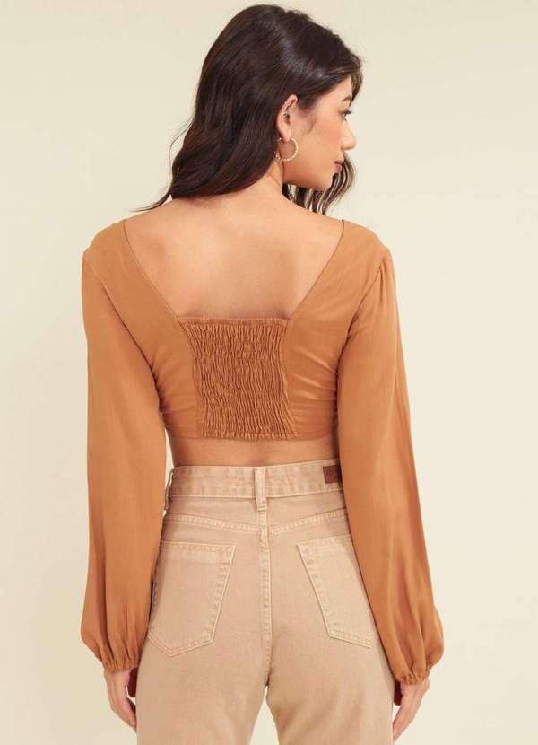 Pop Me - Cropped Viscolinho Manga Longa Puxador Frente Bege 2