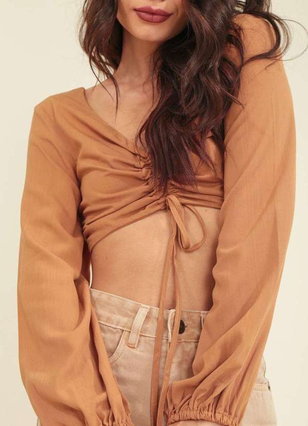 Pop Me - Cropped Viscolinho Manga Longa Puxador Frente Bege 3