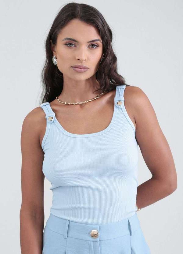 Pop Me - Regata em Malha Canelada Botao Alca Azul