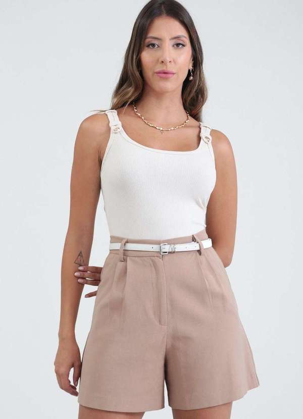 Pop Me - Regata em Malha Canelada Botao Alca Bege