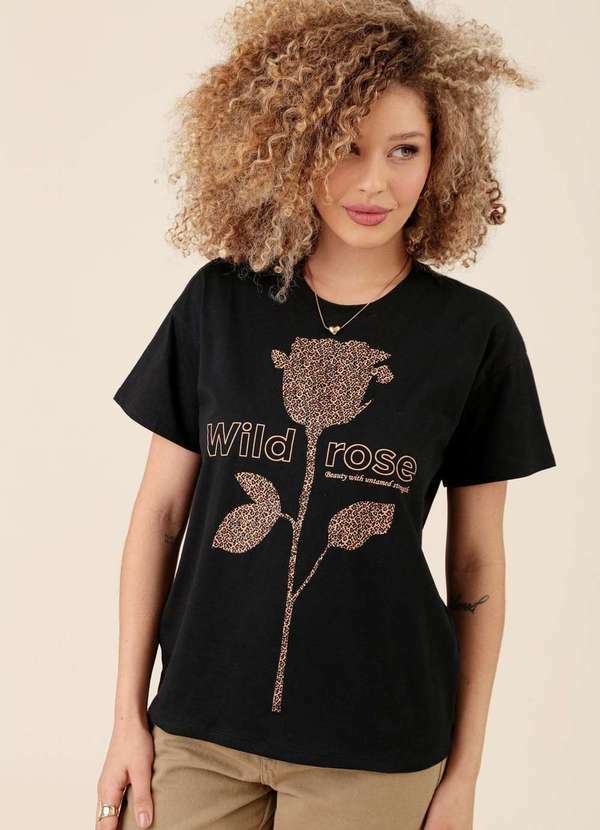 Pop Me - T-Shirt em Meia Malha Wild Rose Preto