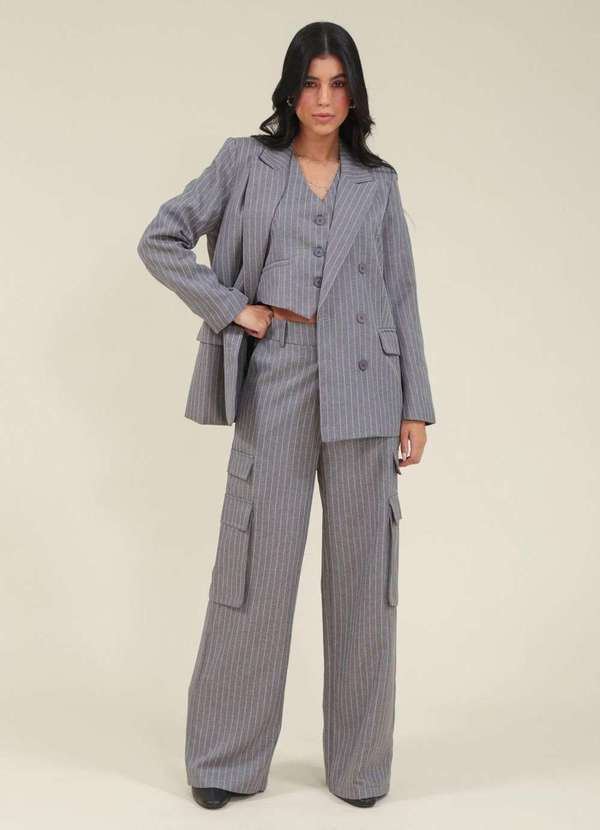 Pop Me - Calca Alfaiataria Wide Leg Risca de Giz com Bolso Lateral Cinza