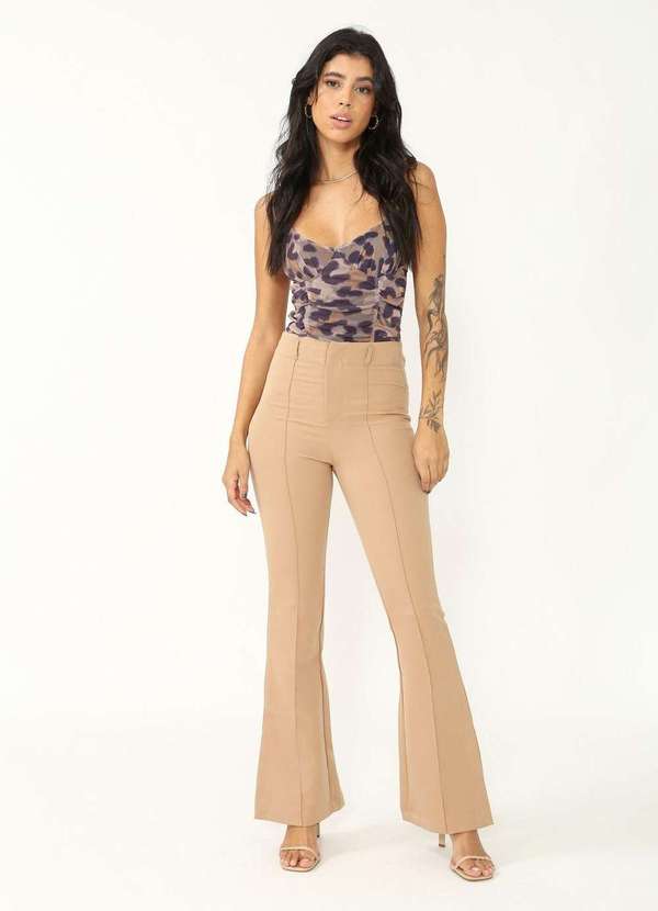 Pop Me - Calca Crepe Nervura Abertura Lateral Bege