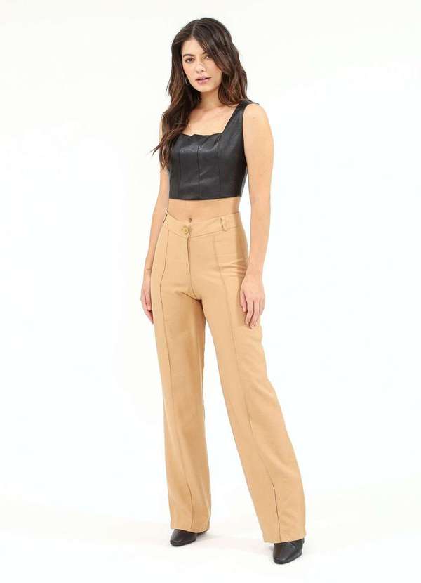 Pop Me - Calca Crepe Reta Nervura Frente Bege