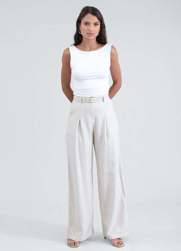 Pop Me - Calca em Alfaiataria Pantalona com Cinto Bege