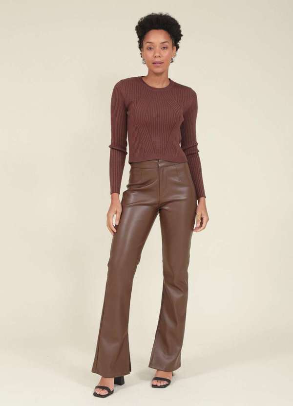 Pop Me - Calca Flare em Pu com Fenda Lateral Marrom