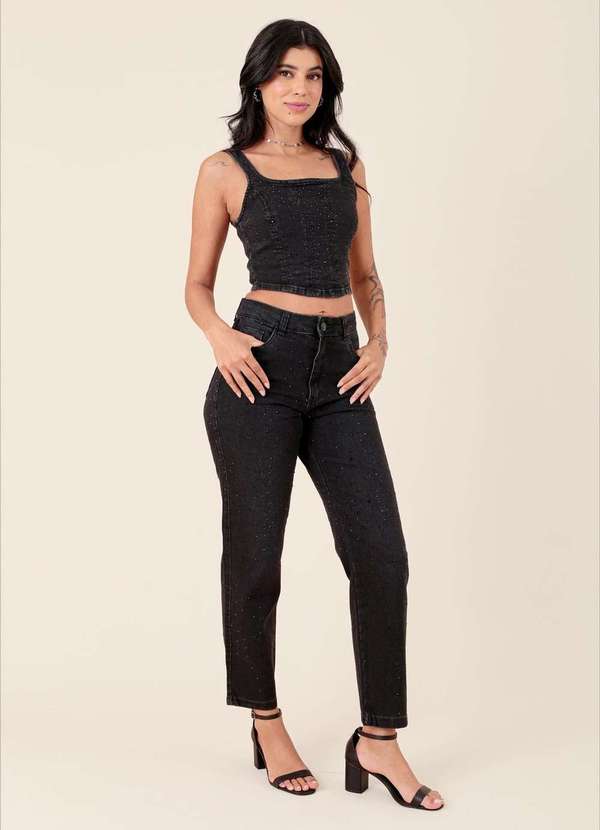Pop Me - Calca Jeans Black Reta com Strass Preto