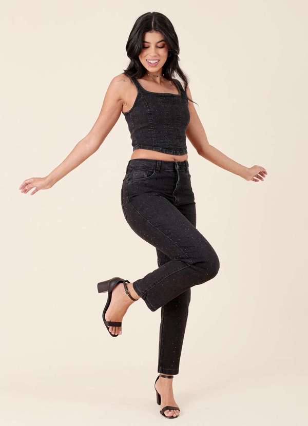 Pop Me - Calca Jeans Black Reta com Strass Preto 2