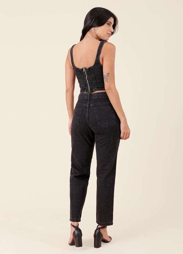 Pop Me - Calca Jeans Black Reta com Strass Preto 3