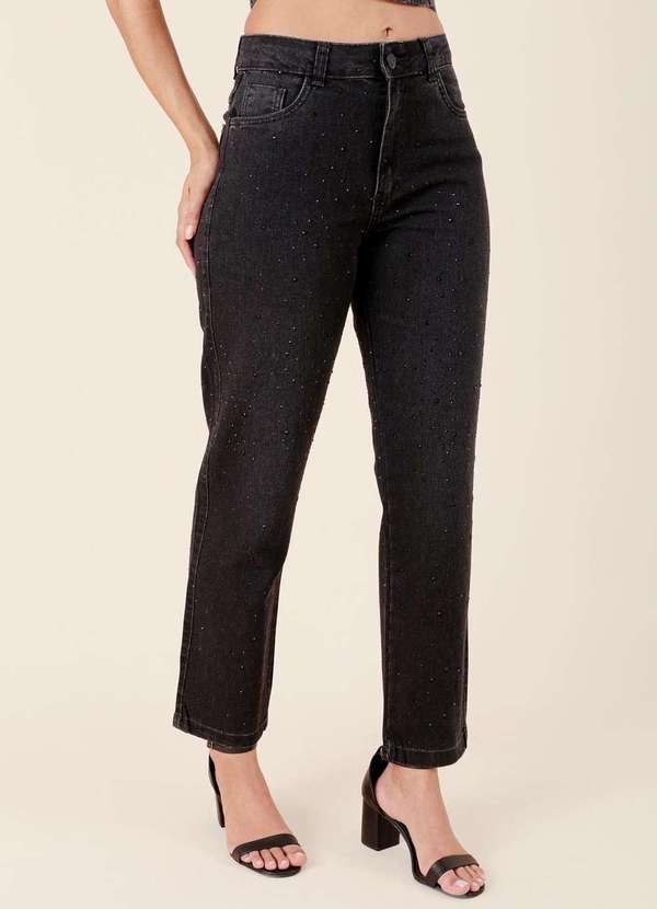 Pop Me - Calca Jeans Black Reta com Strass Preto 5